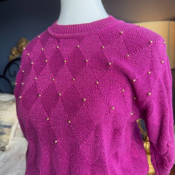 Vintage Eatons Fuschia and Gold Short  Sleeve Sweater - Picture 6 of 10